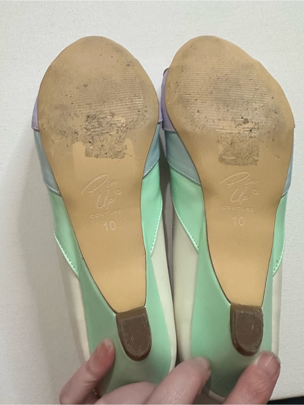 Pinup Couture Lulu Pastel Blocked Scallop Kitten Heels Mint Multi Matte Size 10 - Picture 8 of 11